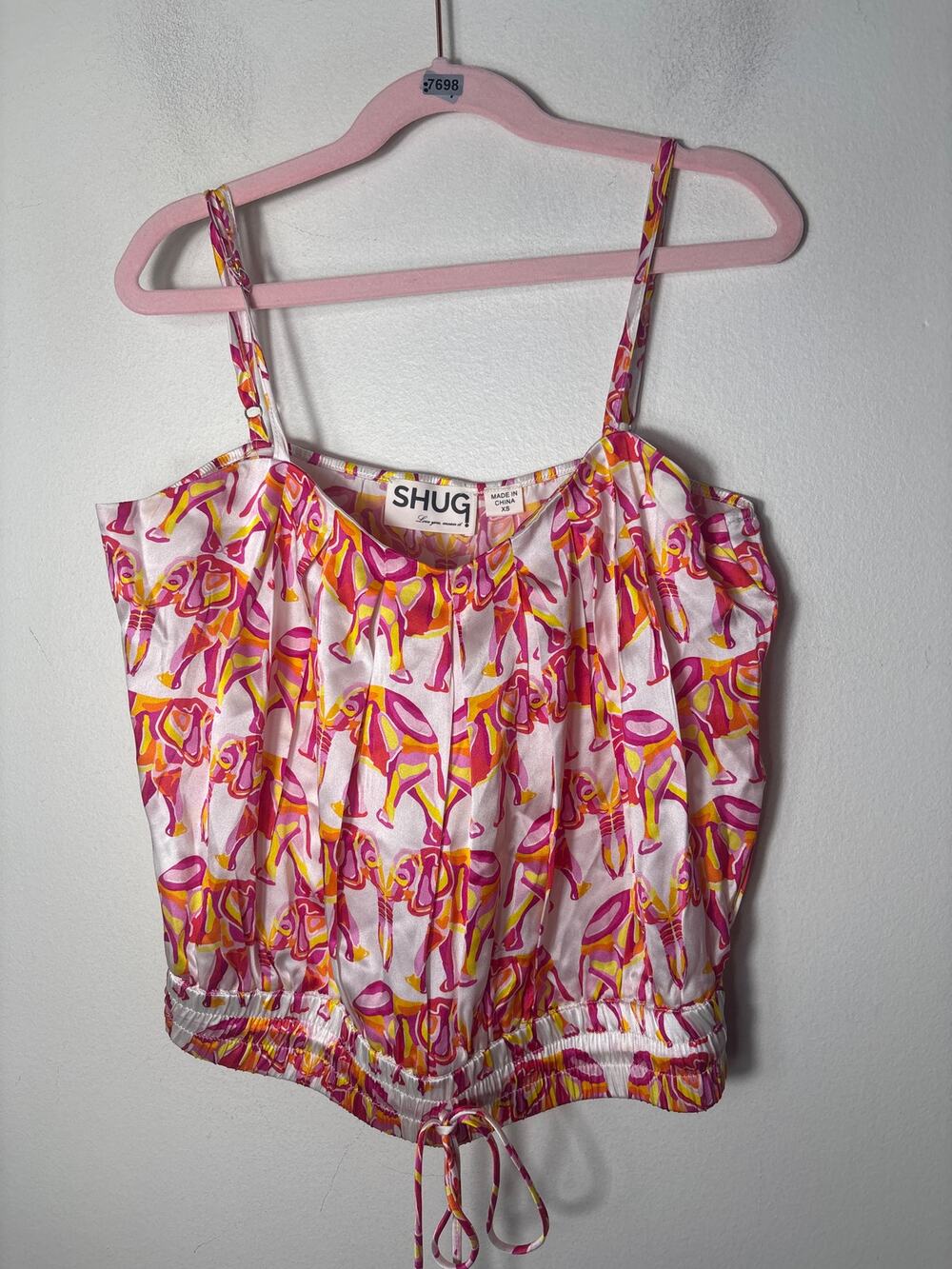 Shug! Pink White Elephant Print Silk Skirt/Top Set Sz XS (Junior Size)